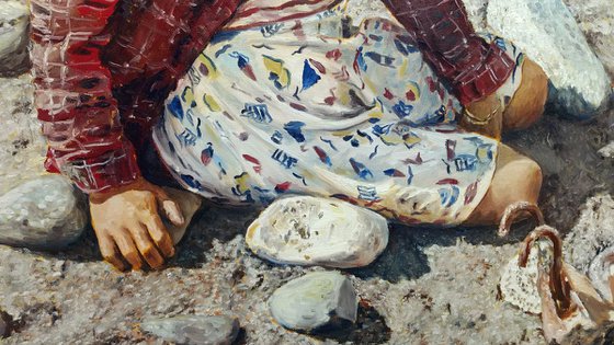 Worlds of childhood - figurative award-winning painting - child portrait among stones, sand, dry grass, and play of shadows and light