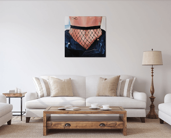 CAGE - painting on canvas woman body nude tights blue jeans freedom infinity home interior office art feminism erotic art