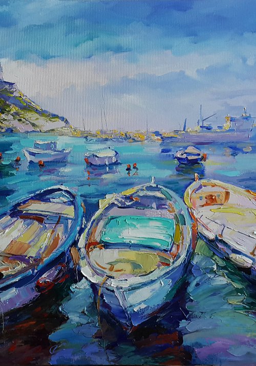 Rowing boats - painting landscapes Italy, Seascape Procida island by Viktoria Lapteva