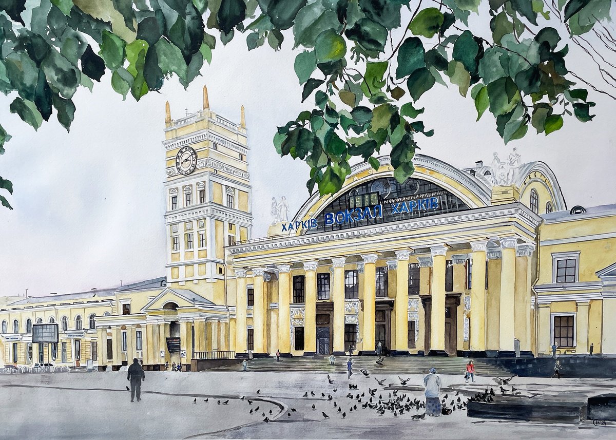 Photorealistic Watercolour , Kharkiv Railway Station By Irina Kurganskaya, 28 X 20, Artwork For Sale On Artfinder