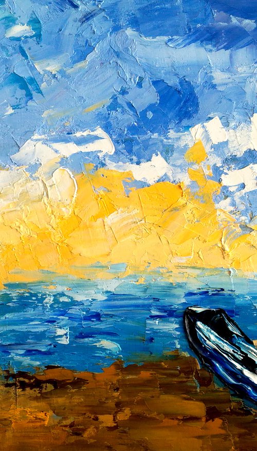 Row Boat Painting Nautical Original Art Maritime Oil Artwork Seascape Impasto Palette Knife Home Wall Art 16 by 12" by Halyna Kirichenko by Halyna Kirichenko
