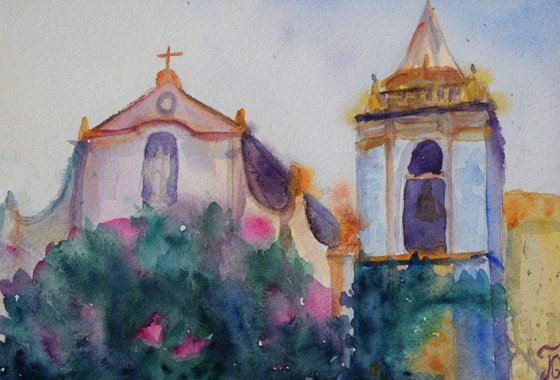 Blossoming Church Watercolor painting Italian town Taormina in summer