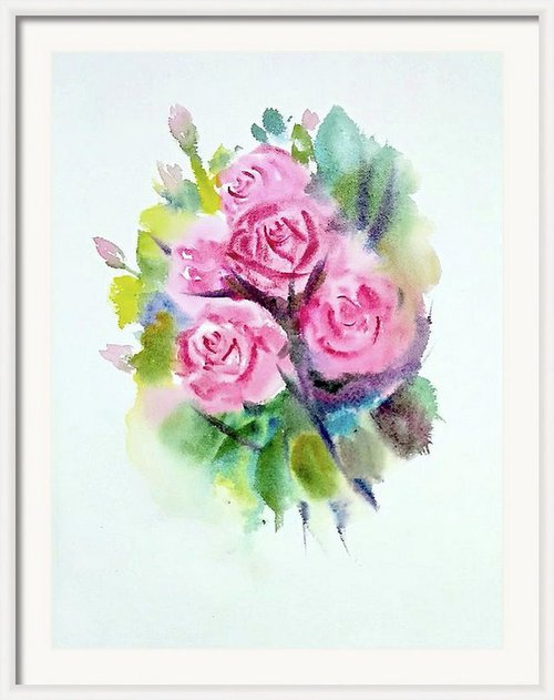 Five pink watercolor Roses by Asha Shenoy