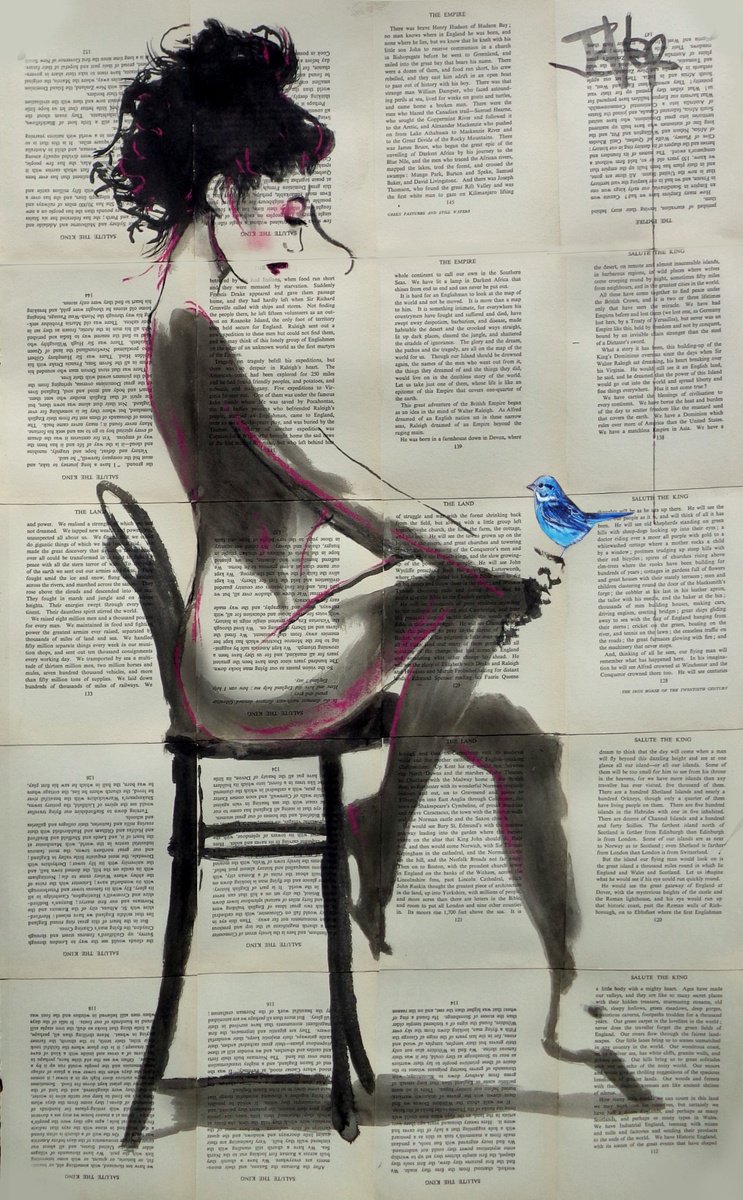 Expressive Portrait Ink Drawing By Loui Jover, 24 X 39", A Free Bird, Original Artwork