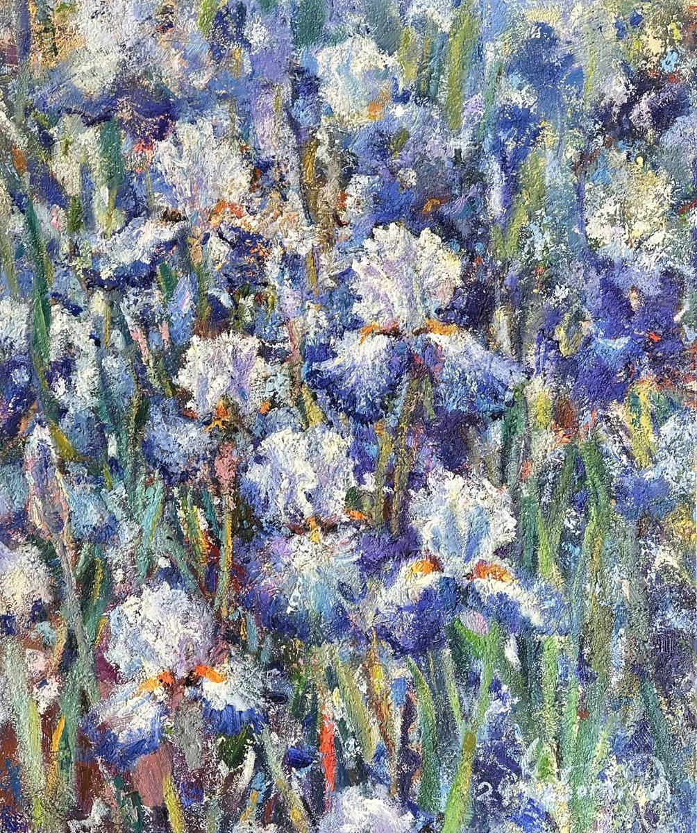 Impressionistic Botanical Oil Painting By Andrii Chebotaru, 39 X 47, - Irises - ?, Original Artwork
