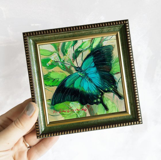 Blue Ulysses butterfly painting oil original green background small artwork in frame