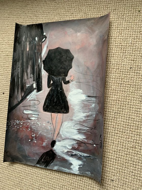 Painting of Woman / Walking in Rain / Portrait / Original Artwork / Rain Painting / Gifts For Him / Home Decor Wall Art 11.7"x16.5"