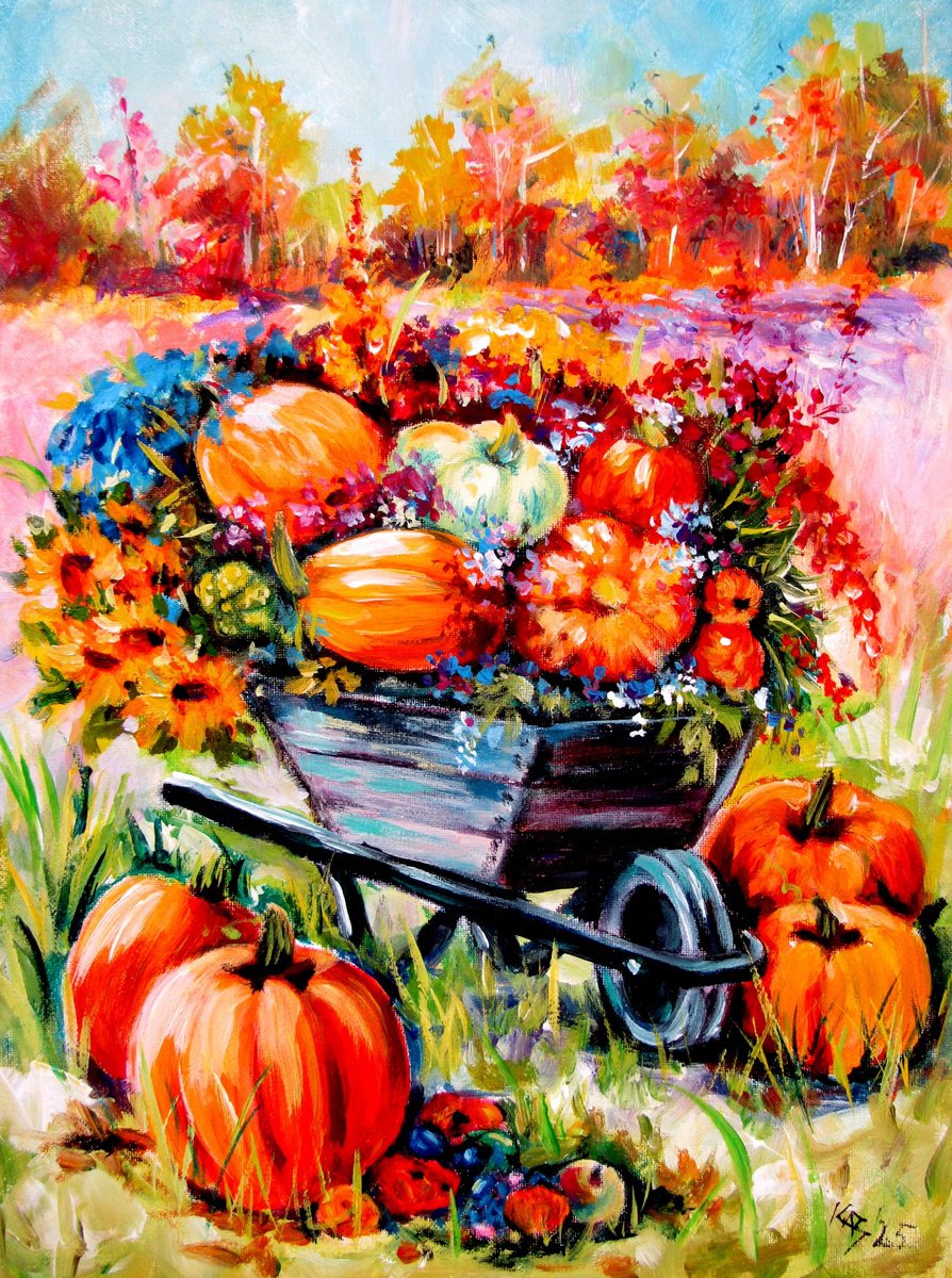 Pumpkins And Flowers By Kovacs Anna Brigitta, 12 X 16, Artwork For Sale On Artfinder