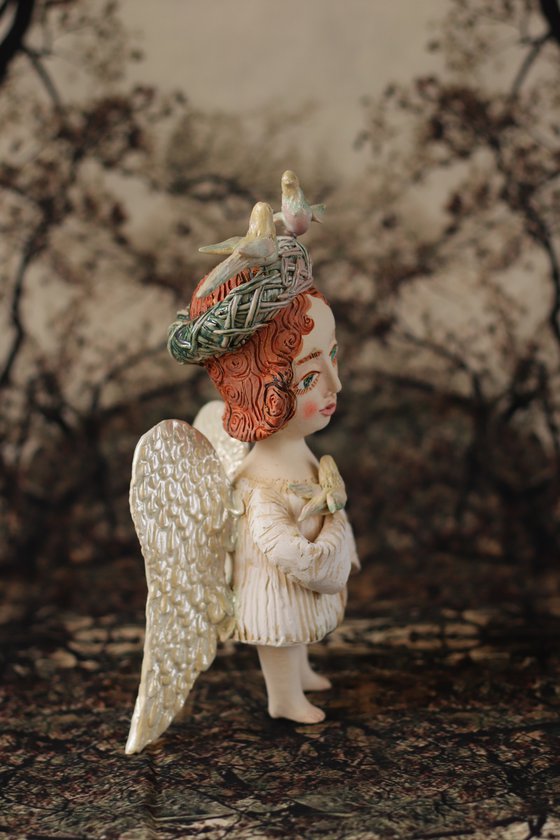 Angel with doves. Ceramic OOAK sculpture.