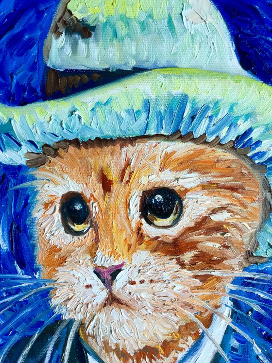 Cat in a hat La Van Gogh dressed in a smart suite. Version of famous self portrait of  Vincent Van Gogh