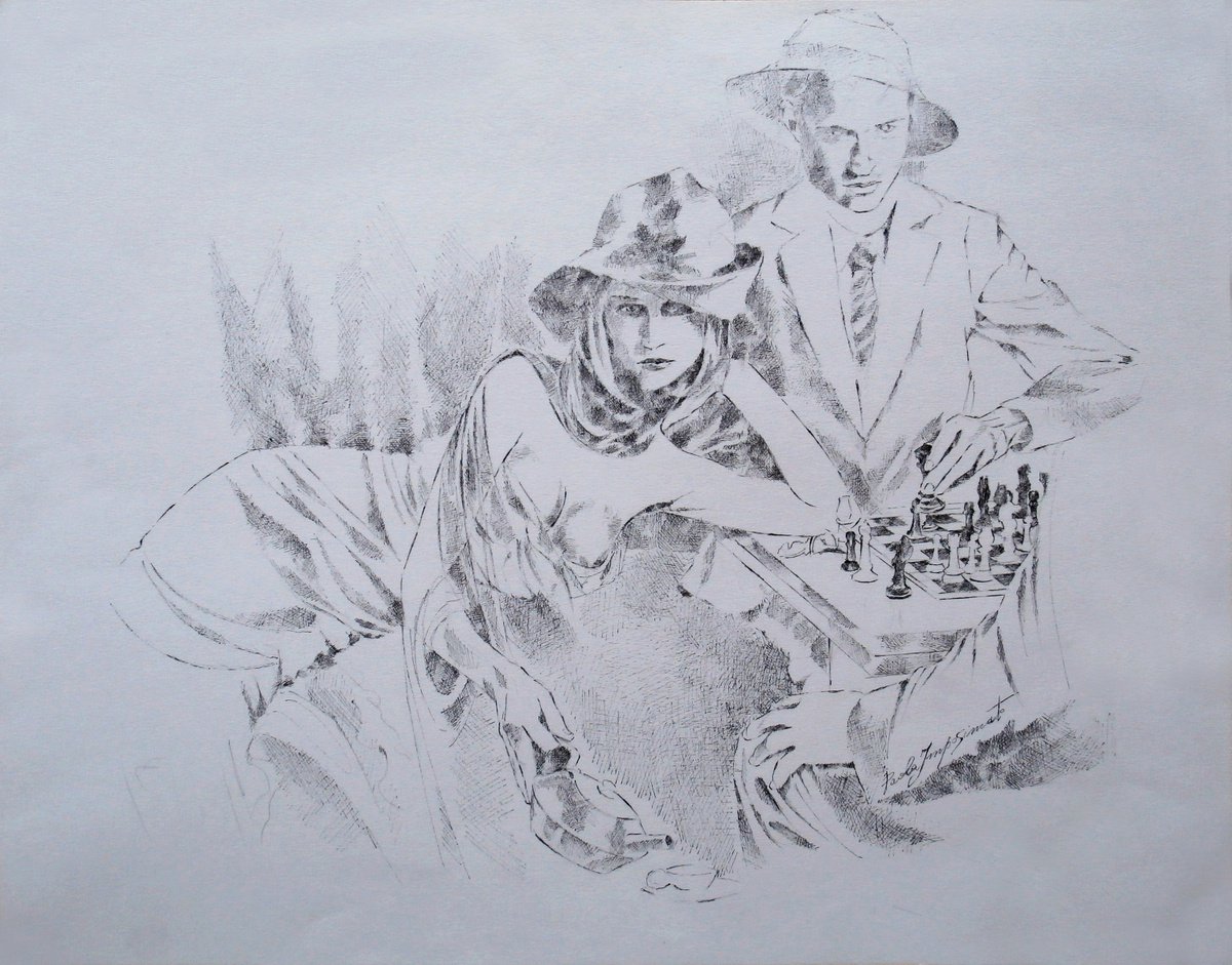 Expressive Portrait Ink Drawing By Paola Imposimato, 21 X 17", Enigma And Intuition, Original Artwork