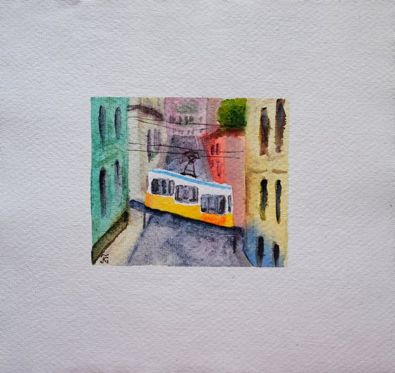 Lisbon small watercolor painting, yellow tram original painting, Portugal wall art