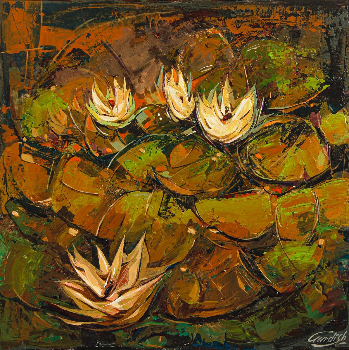 Abstract Botanical Acrylic Painting By Artist Gurdish Pannu, 18 X 18, Water Lily Paintings, Original Artwork