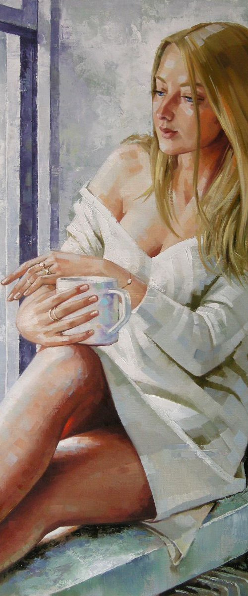 Rainy Day - Sold to a collector in Houston, USA.  (Portrait of a girl with a cup of hot tea. Palette knife original oil painting) by Yaroslav Sobol