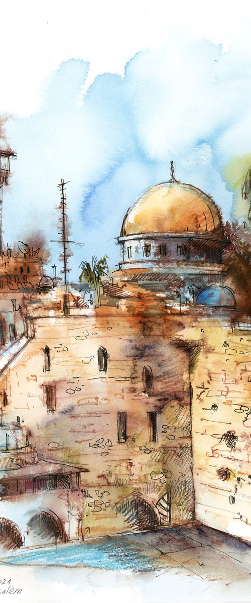 Jerusalem, Wailing Wall - Architecture Sketch Mixed Media by Sophie Rodionov