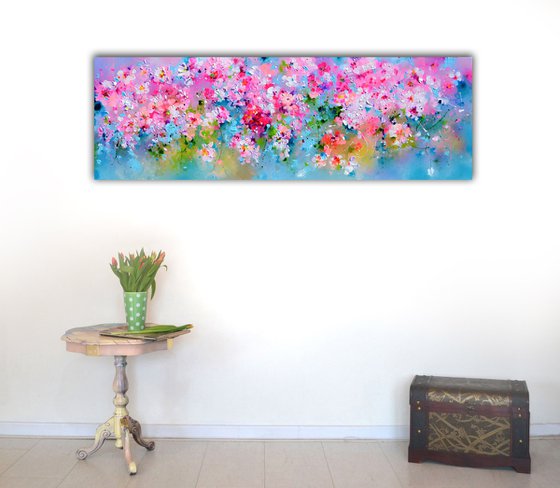 I've Dreamed 28 - Sakura Pink Cherry Tree Colorful Blossom - 120x40 cm, Palette Knife Modern Ready to Hang Floral Painting - Flowers Field Acrylics Painting