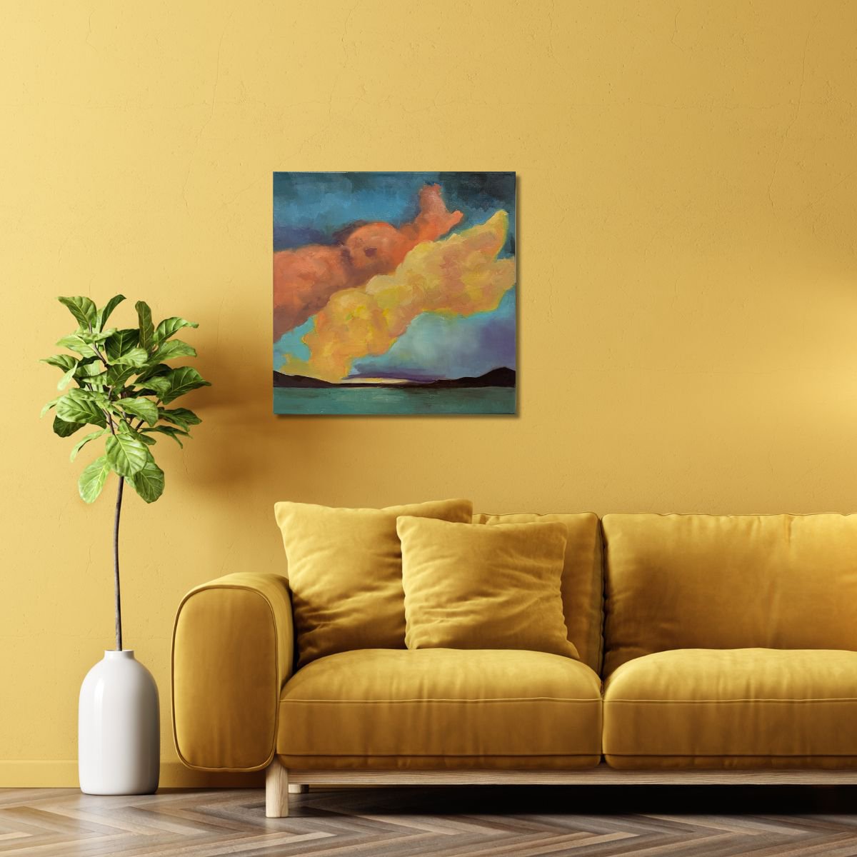 Impressionistic Landscape Oil Painting By Ulli Schmitt, 16 X 16", Dark Clouds Are Coming, Original Artwork