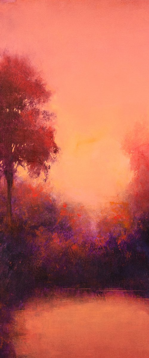 Pink Sunset 221009, sunset landscape with water & trees by Don Bishop
