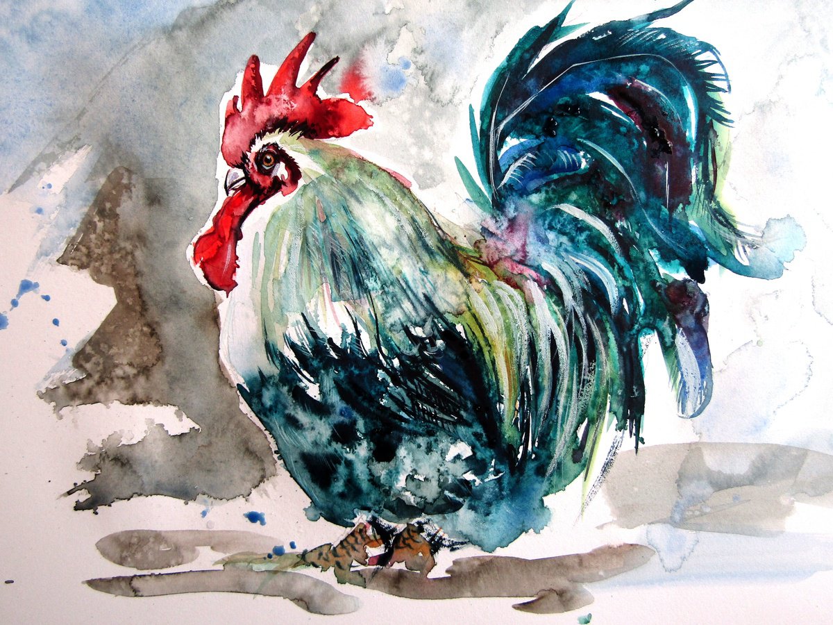 Impressionistic Animal Watercolour By Kovacs Anna Brigitta, 10 X 14", Rooster In The Yard Iii, Original Artwork