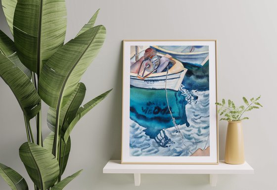 Fishing boat and reflection - original seascape watercolor artwork