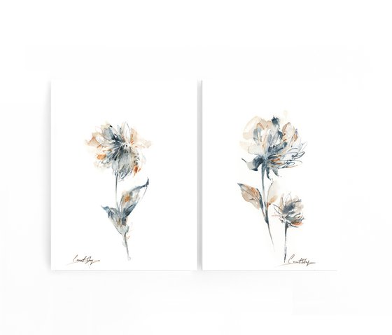 Peonies in muted blue and peach flowers watercolor painting 2 set