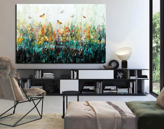 Garden extra large modern painting with flowers and butterflies