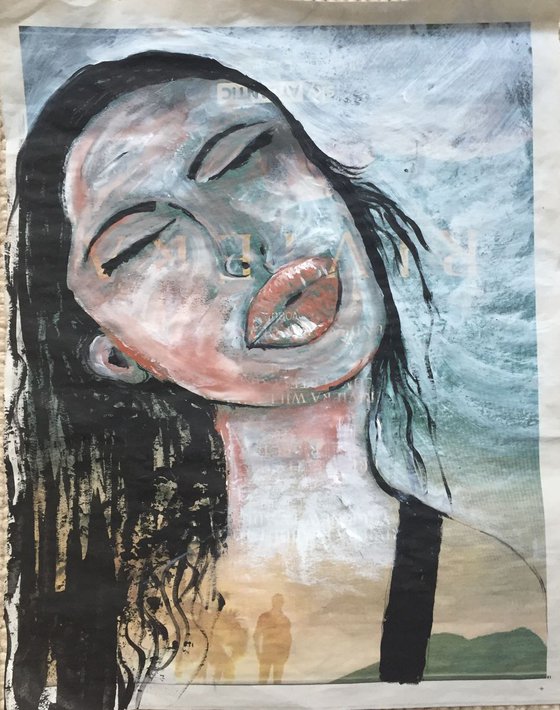 Pout Acrylic on Newspaper Face Art Woman Portrait Pouting 37x29cm Gift Ideas Original Art Woman Portrait Sexy Pouting Free Shipping