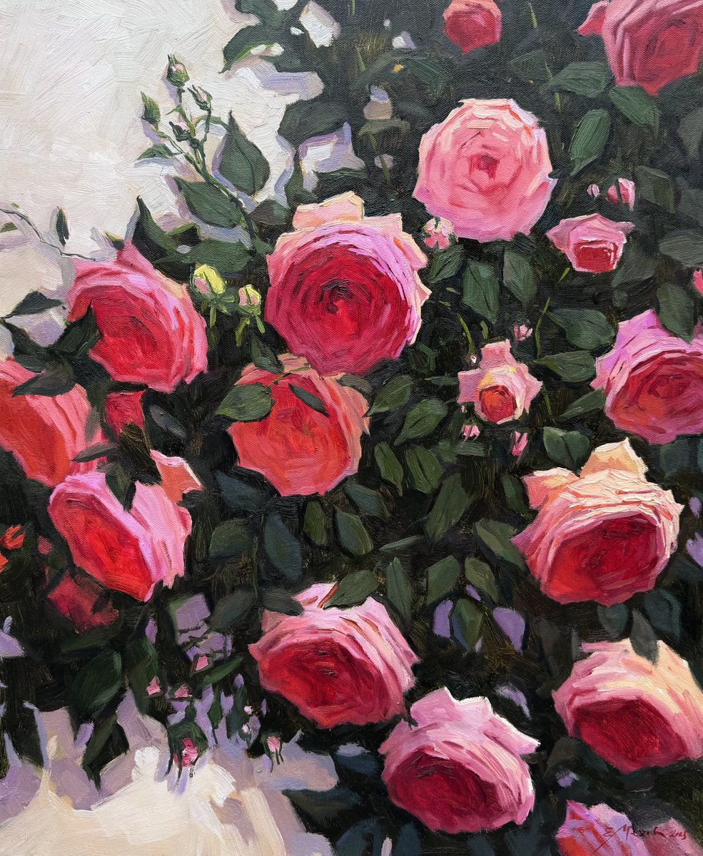 Impressionistic Botanical Oil Painting By Evgeniia Mekhova, 20 X 24, Pink Roses, Original Artwork