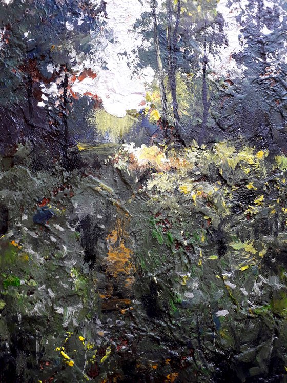 Texture painting. Morning in the forest