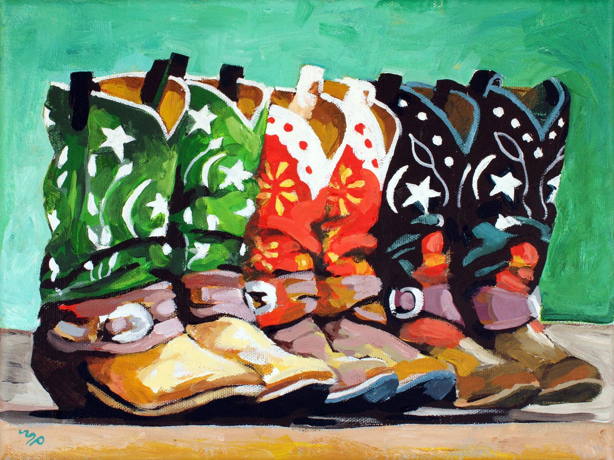 Impressionistic Still Life Acrylic Painting By Melinda Patrick, 12 X 9", Boots With Buckles, Original Artwork