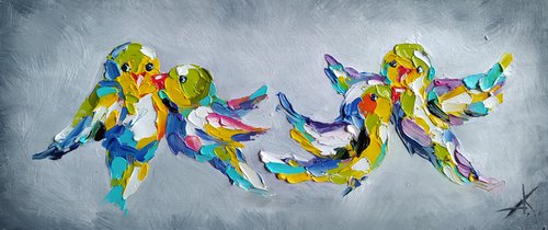 Dance in heaven - oil painting, kiss, birds, birds lovers, animals oil painting, Impressionism, palette knife, art bird, gift. by Anastasia Kozorez