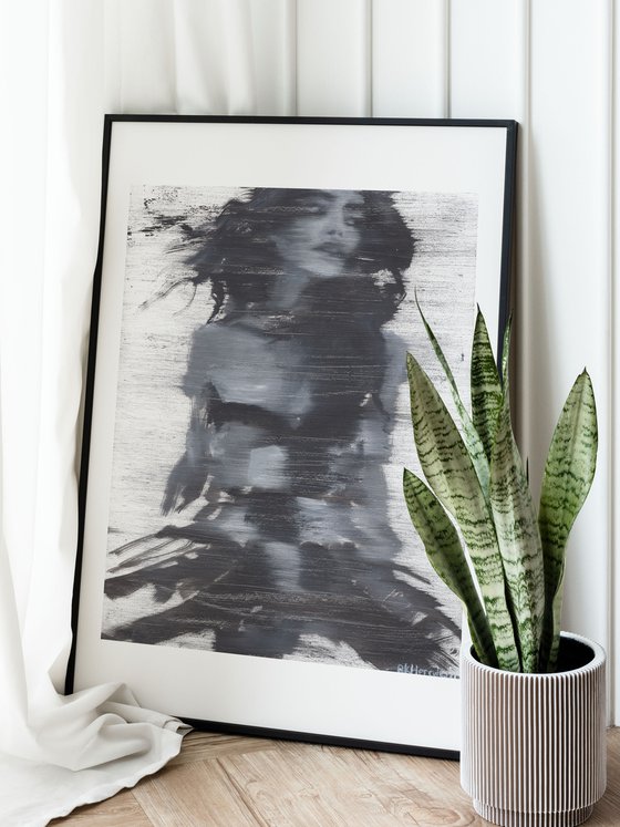 Dalila | Black and white oil painting on paper | fashion muse model woman lady