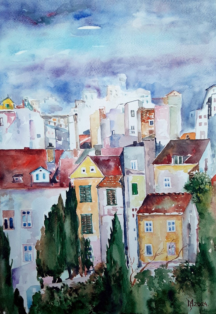 Impressionistic Cityscapes Watercolour By Zoran Mihajlovic Muza, 11 X 16", Roofs, Original Artwork