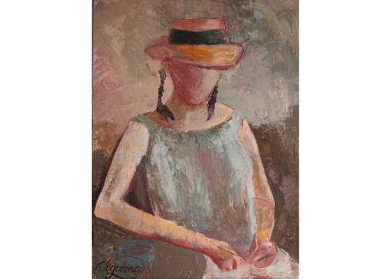 Cup of Coffee. Lover - Original Faceless Woman Portrait on Canvas