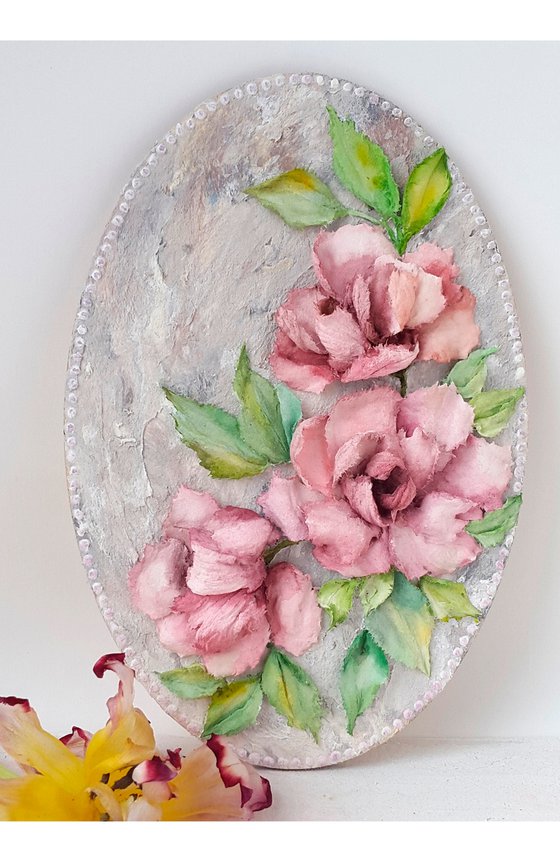 Sculpture painting, pink flowers impasto art Vintage roses