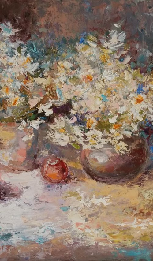 Painting Camomiles&Apricots by Larissa Uvarova