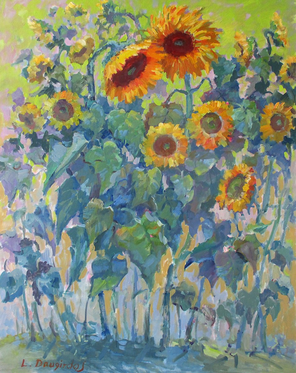 Impressionistic Botanical Oil Painting By Liudvikas Daugirdas, 28 X 35", The Sunflower Family, Original Artwork