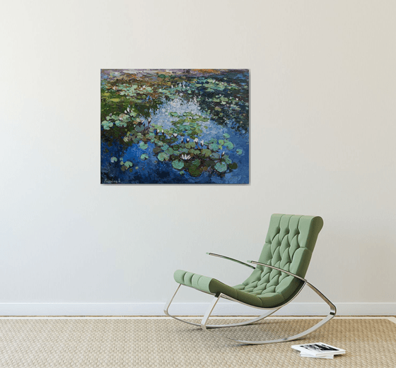 White Water Lilies - Impasto Original Oil painting 90 x 70 cm