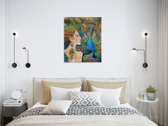 Girl with peacock. Art Deco woman portrait. Interior portrait