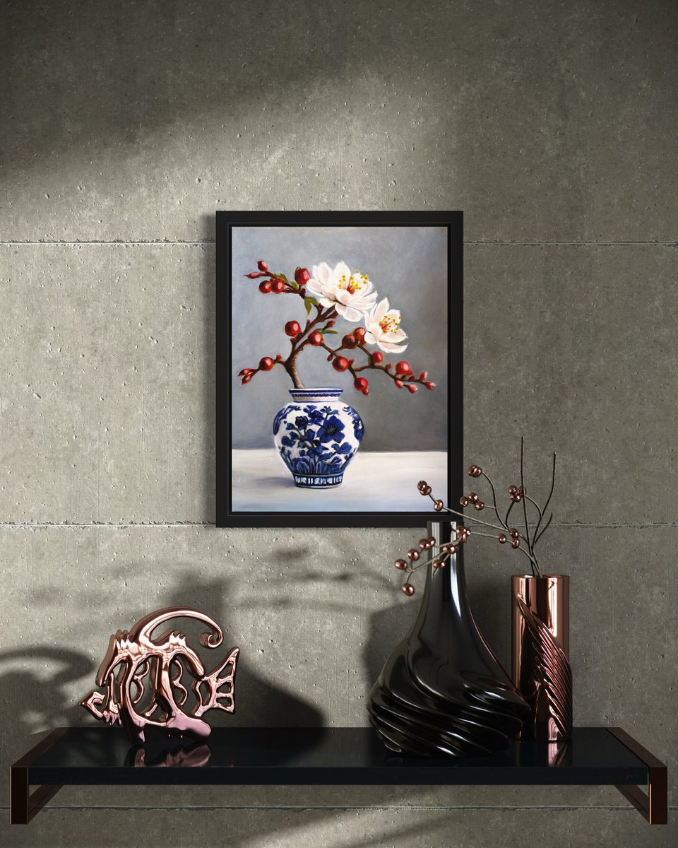 Illustrative Still Life Oil Painting By Jennie Smallenbroek, 12 X 16, Still Life With Chinese Vase, Original Artwork