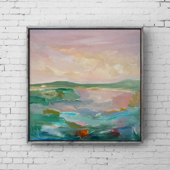 Sunset by the lake — contemporary landscape with optimistic and positive energy on stretched canvas