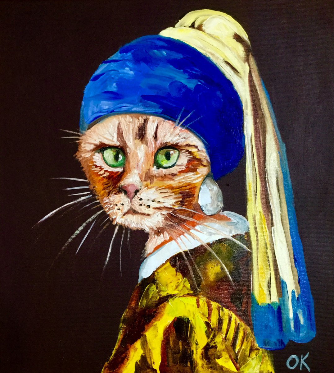 Cat with the pearl earring inspired by Vermeer p | Artfinder