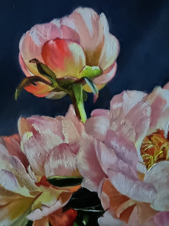 "Coral flashes. " peonies  flower  liGHt original painting  GIFT (2021)