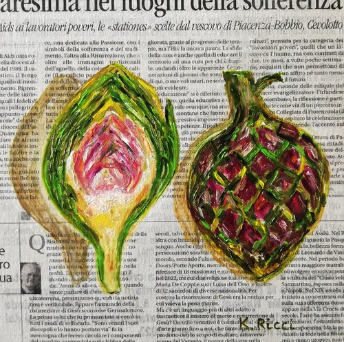 "Artichokes on Newspaper" Original Oil on Canvas Board Painting 8 by 8 inches (20x20 cm) by Katia Ricci
