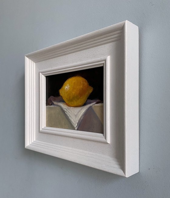 Lemon Still Life original oil realism painting, with wooden frame.