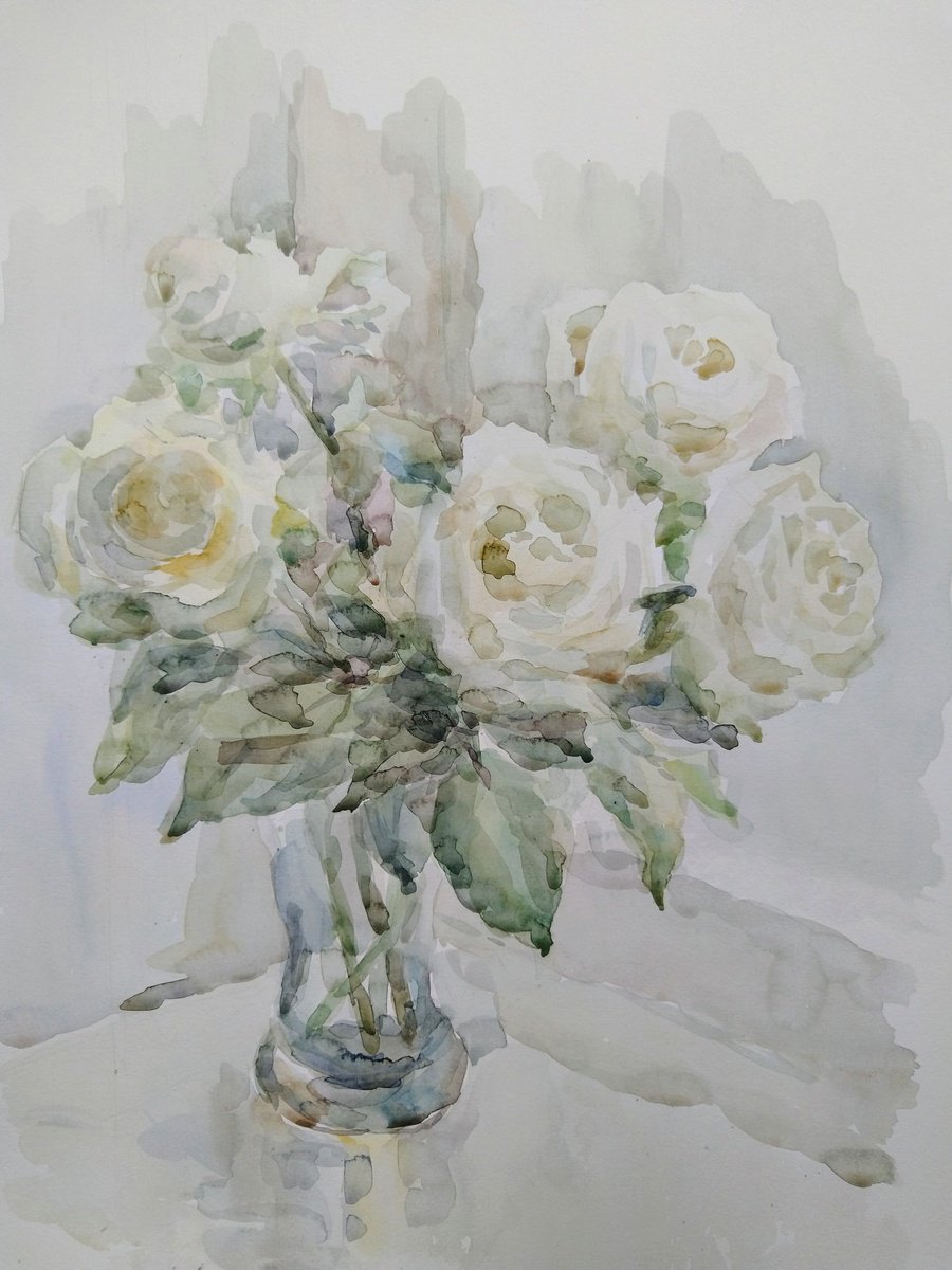 Impressionistic Still Life Drawing By Elena Klyan, 13 X 18, Bouquet Of Roses, Original Artwork