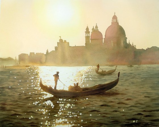 Gondola with Santa Maria Della Salute at sunset - Grand canal - Venice - Venezia - Venetia - Italy -  Gondolier