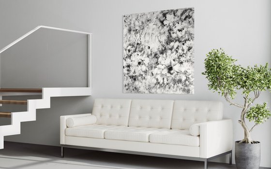 "Serenade in Black and White" XXL abstract flower painting