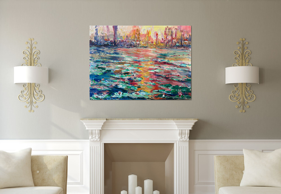 Park, water lilies sunset, 130cm x 95cm