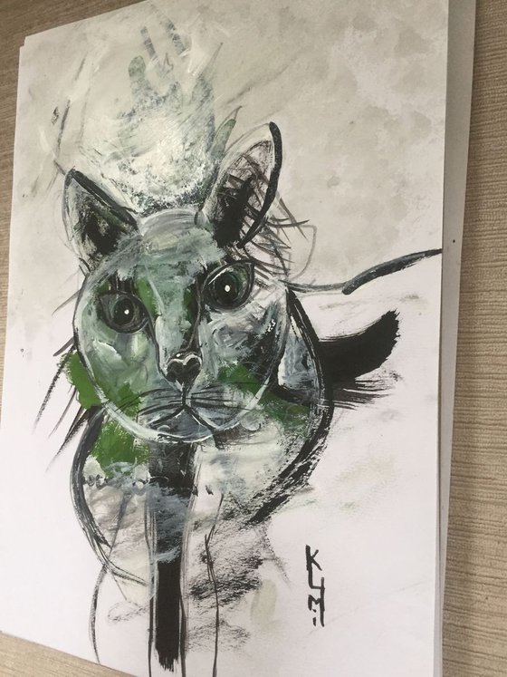 Cat Green Cat Art Pet Portrait Acrylic on Watercolour Paper Animal Painting Gift Ideas Original Art 8"x12"